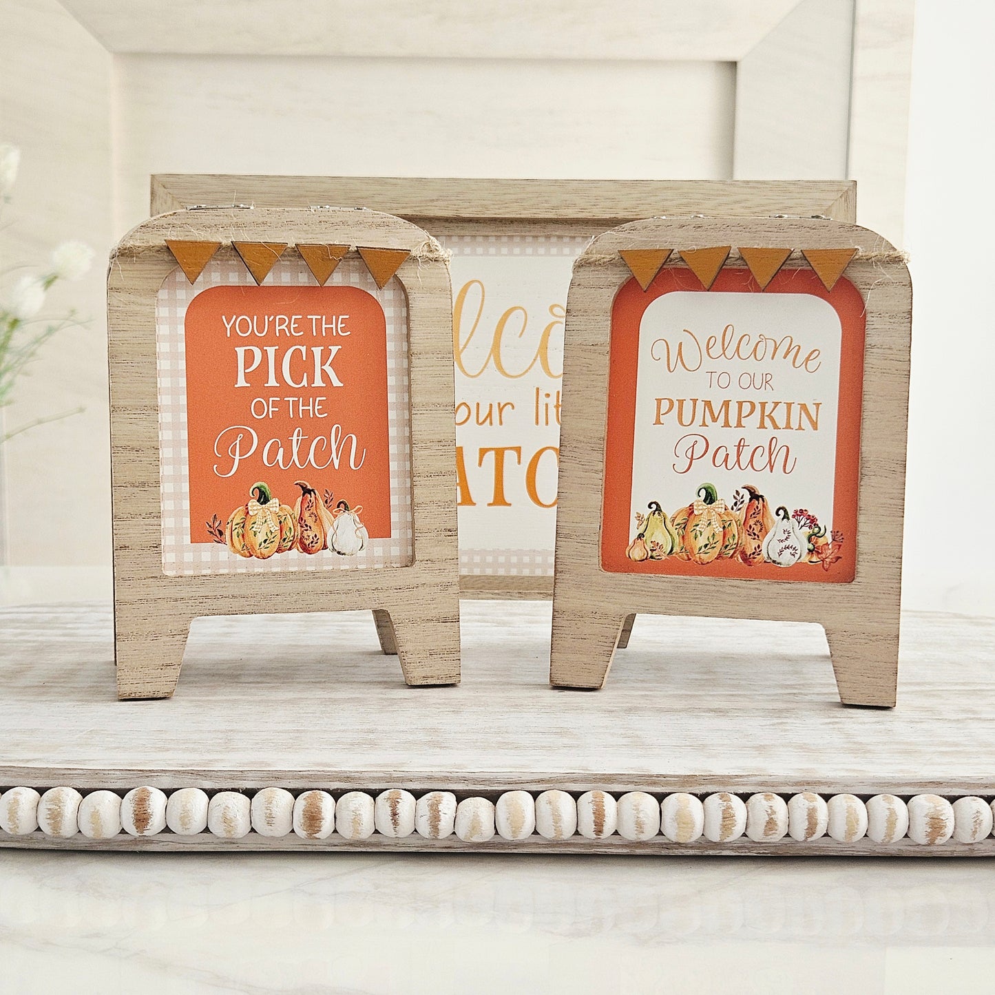 Harvest Home wooden mini A frame plaque with assorted autumn designs, rustic tabletop decoration for farmhouse fall home décor.