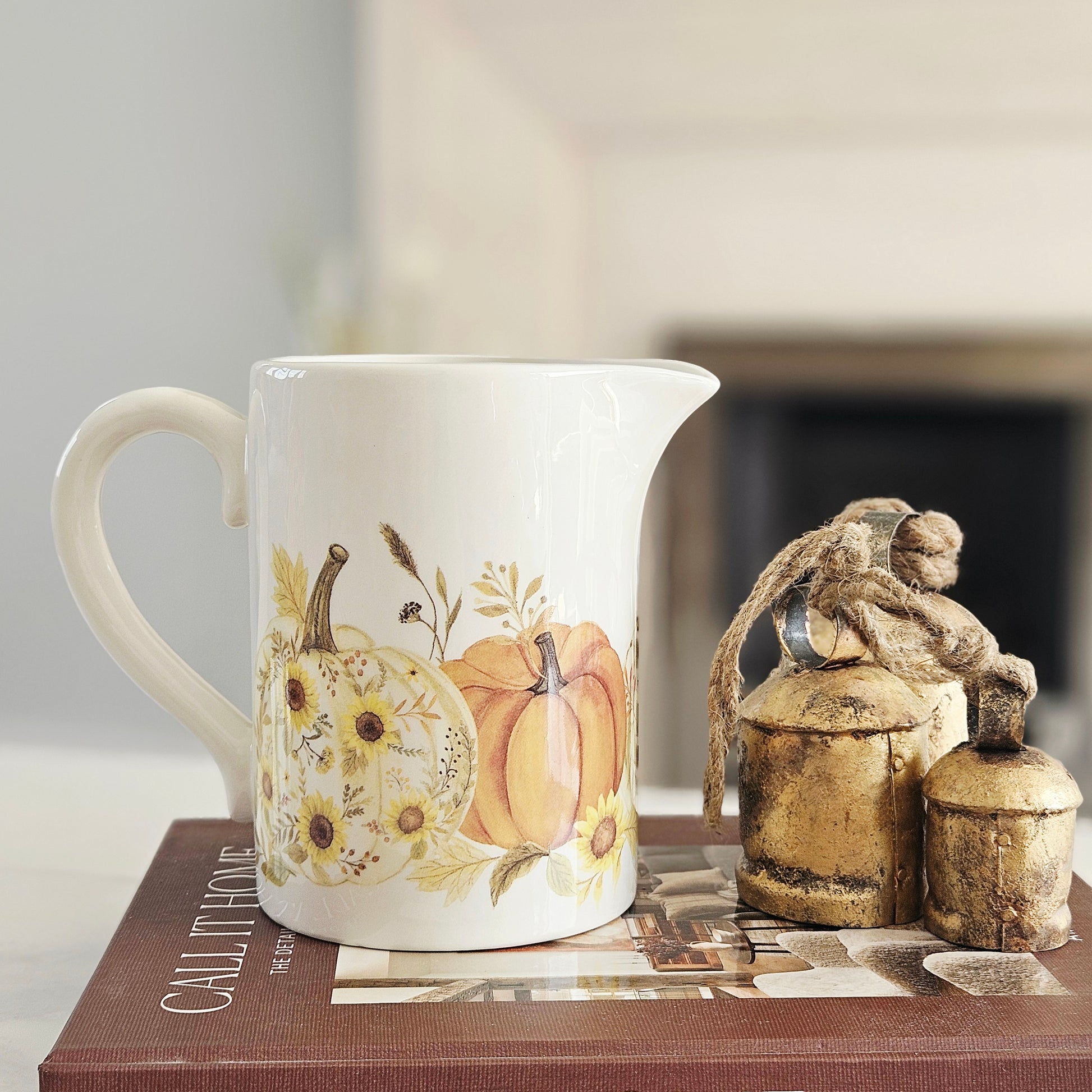 Autumn Pumpkin Watercolour Ceramic Jug in white with orange pumpkin floral design, decorative farmhouse vase for autumn, Halloween and Thanksgiving home décor