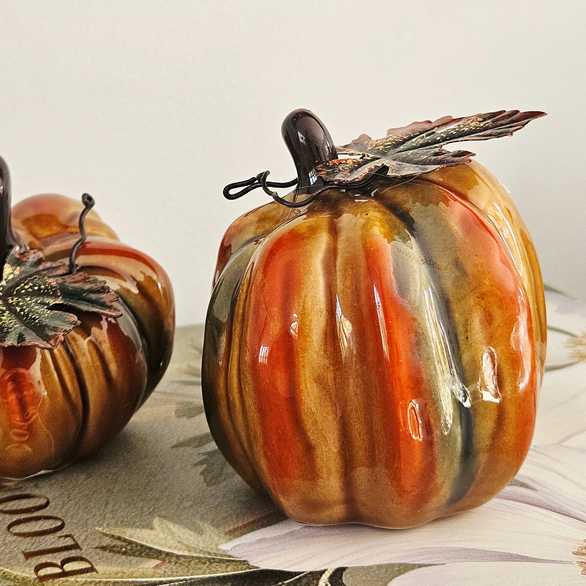 ceramic pumpkin with metal leaf autumn decoration