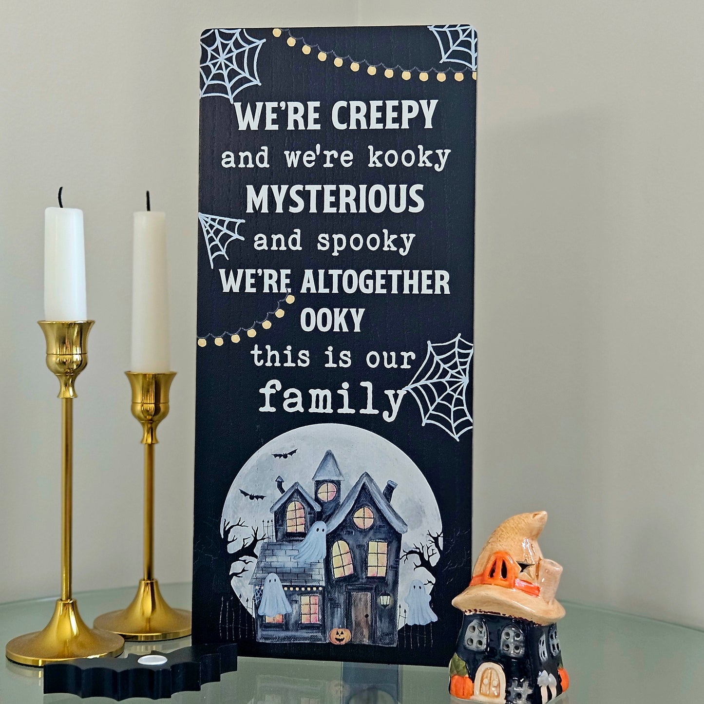 creepy cuties wooden halloween plaque with spooky house and ghosts