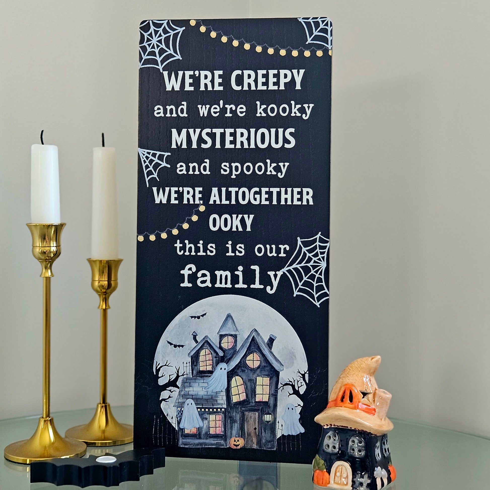 creepy cuties wooden halloween plaque with spooky house and ghosts