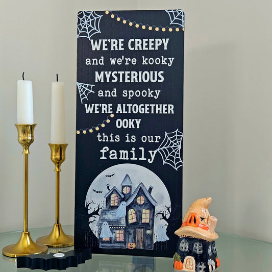 creepy cuties wooden halloween plaque with spooky house and ghosts