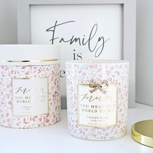 Mum you mean the world to me candle with floral print velvet and rose out scent Diamante bow and gift box