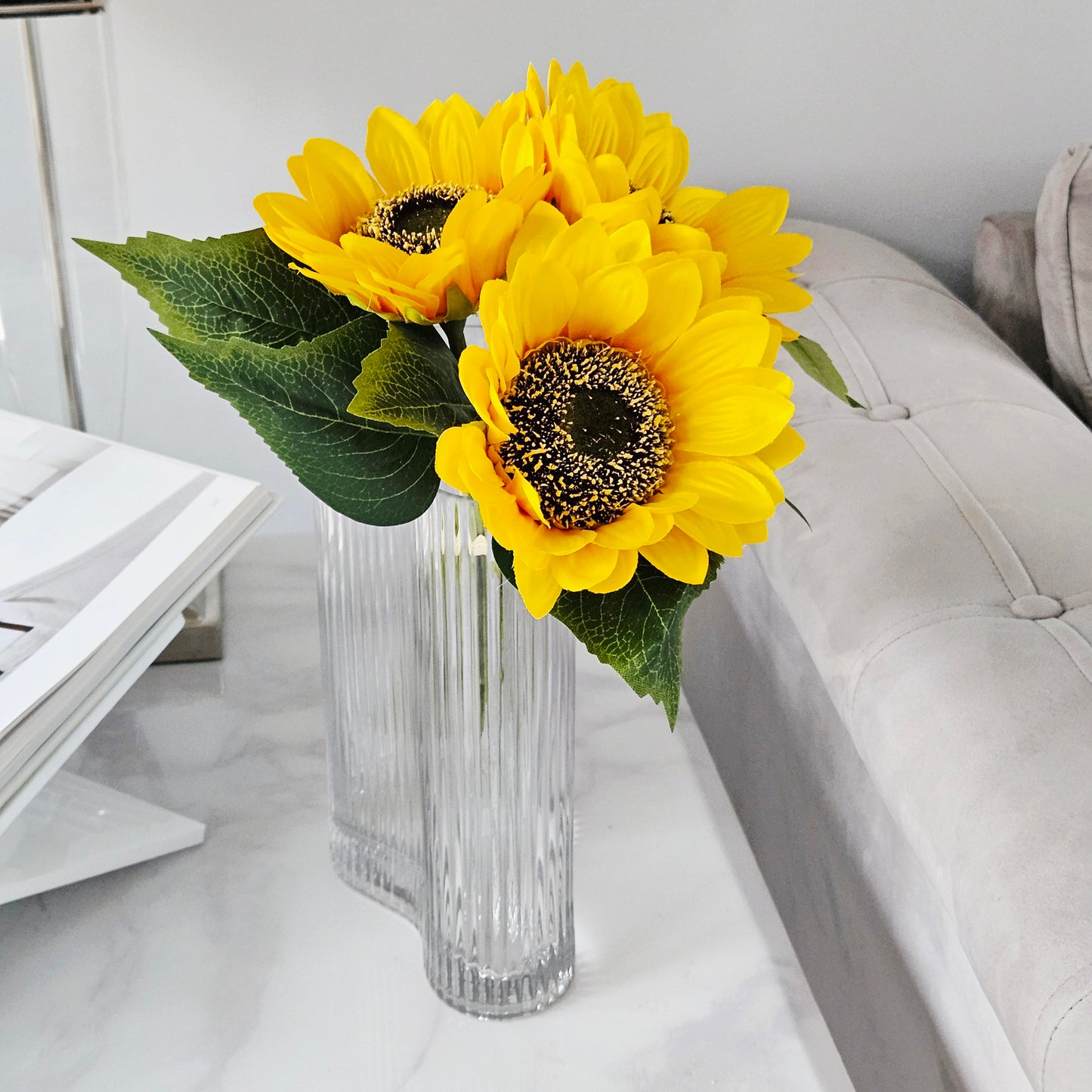 yellow sunflower bunch flowers with large green leaves 42cm