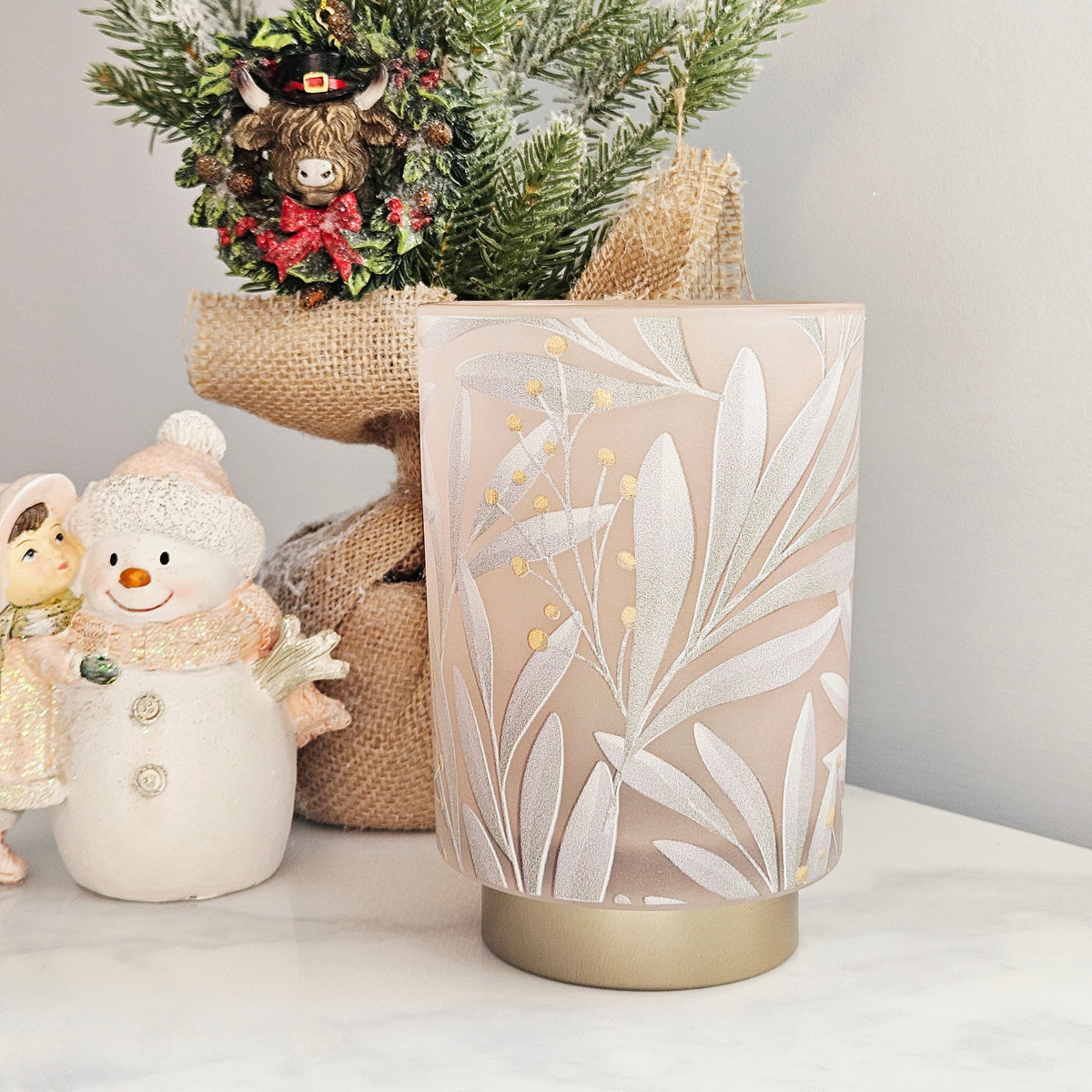 cream and gold led battery lamp with floral details and gold base