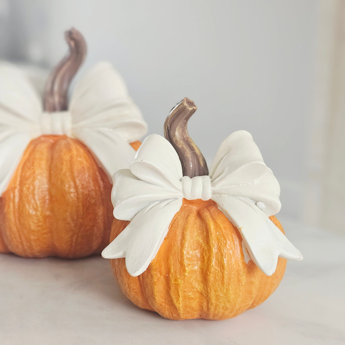 Small Pumpkin With Cream Bow | Autumn Home Décor