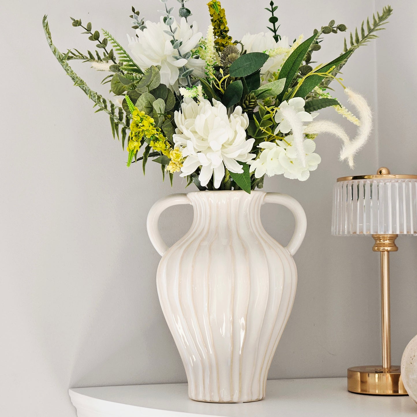 stoneware cream ruffled vase tall with beige tones and double handle