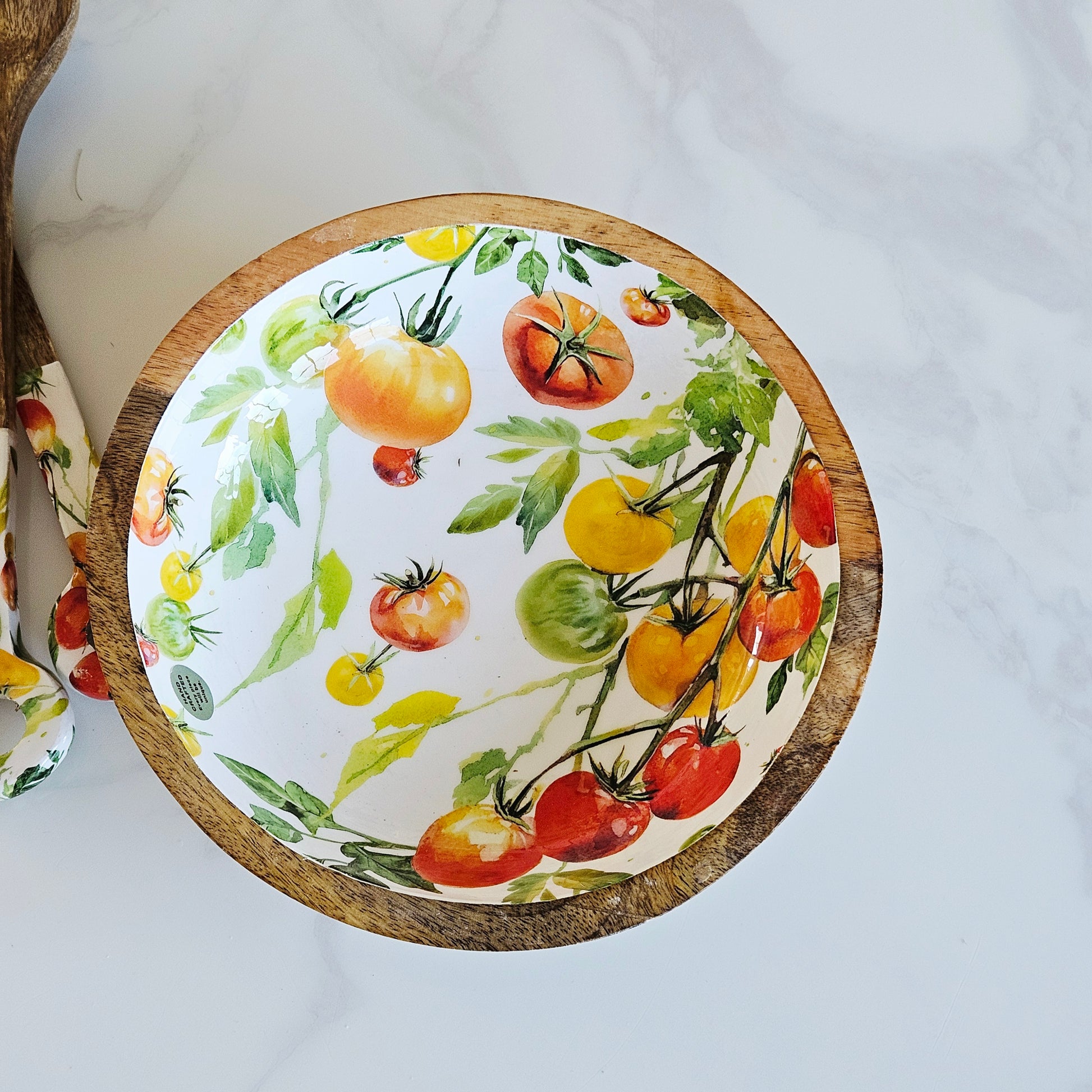 mango wood bowl unique handcrafted with tomatoes print