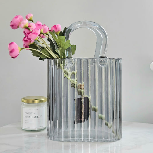 Grey large handbag vase with ribbed glass