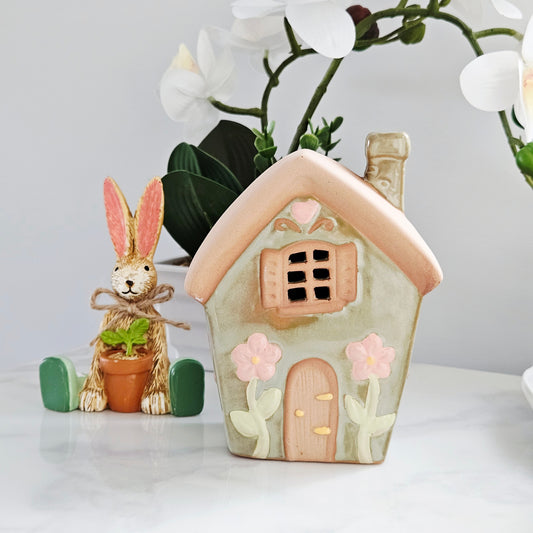Decorative ceramic fairy tea light  house in green with chimney 
