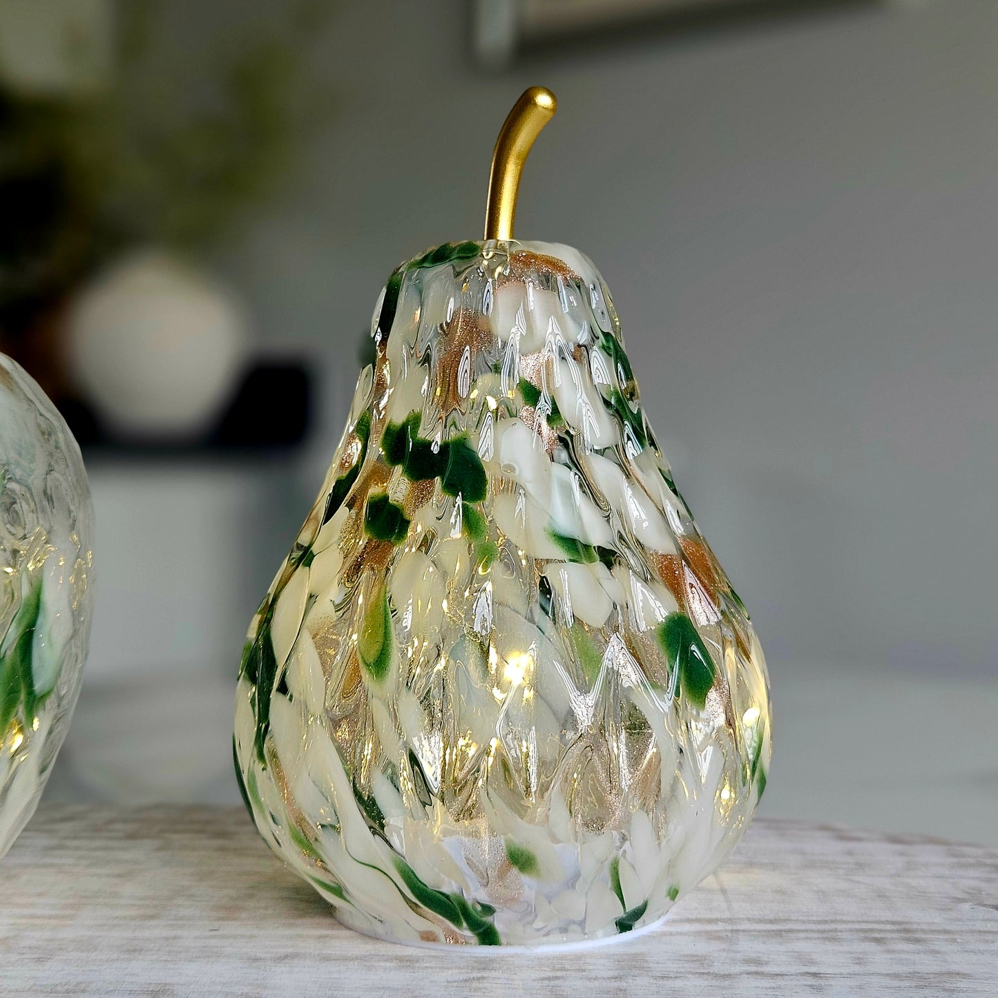 Green LED Spotted Glass Pear Ornament | Decorative LED Home Décor