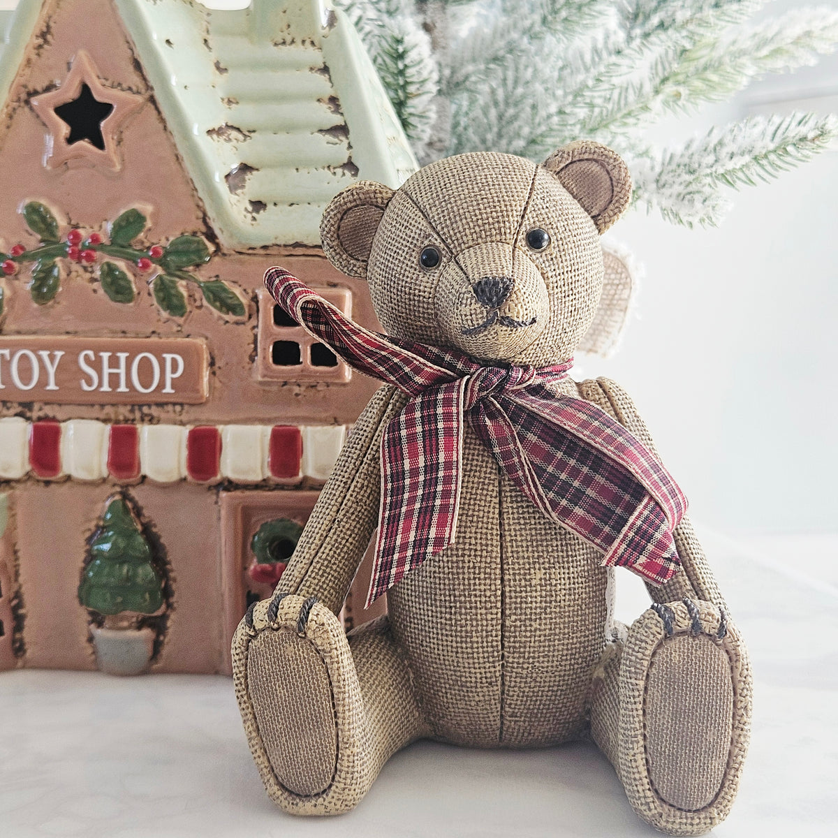 Sitting teddy bear with bow Christmas decoration