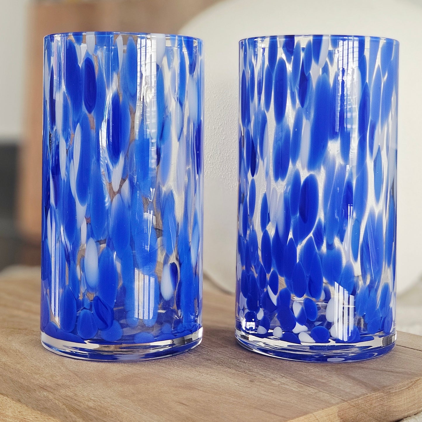 Two blue and white patterned glass tumblers tortoise shell drinking glasses by hestia 