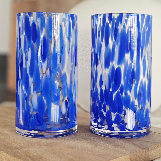 Two blue and white patterned glass tumblers tortoise shell drinking glasses by hestia 