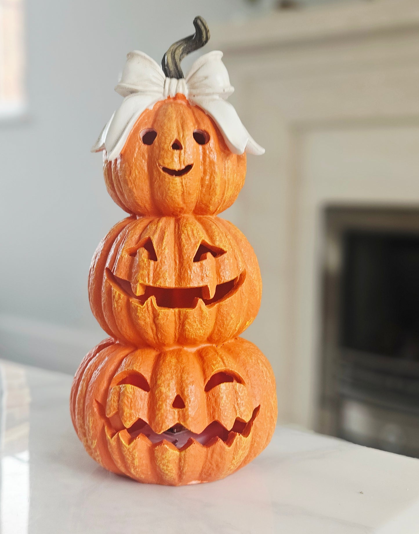 Light Up Pumpkin Stack 32cm | Cream Bow Decoration