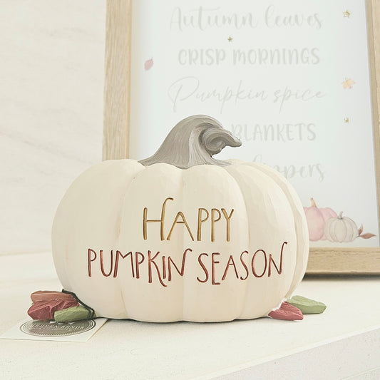 Decorative pumpkin with 'Happy Pumpkin Season' text cream brown and green