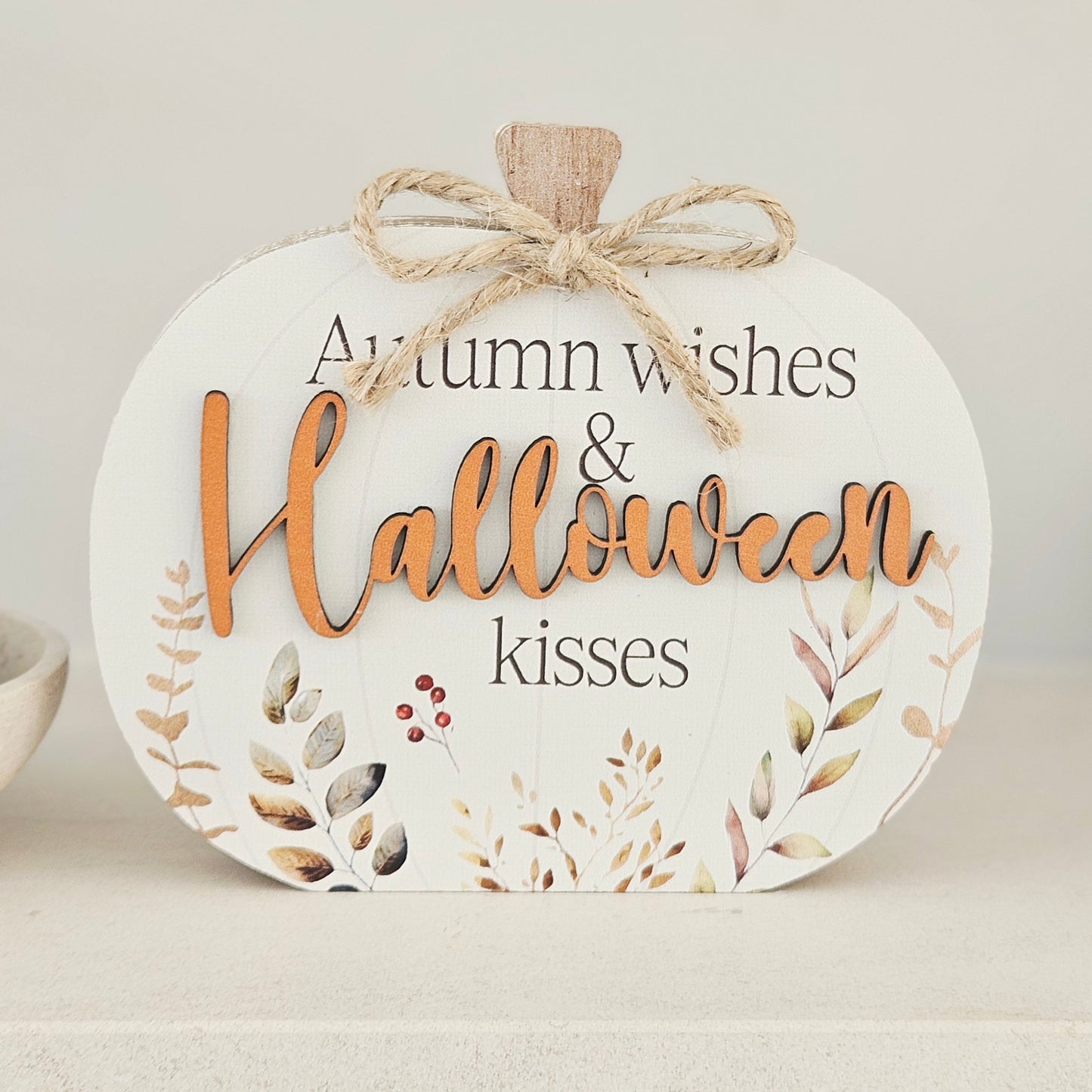 White Wood Pumpkin Sign rustic autumn Halloween decoration for shelf mantel decor