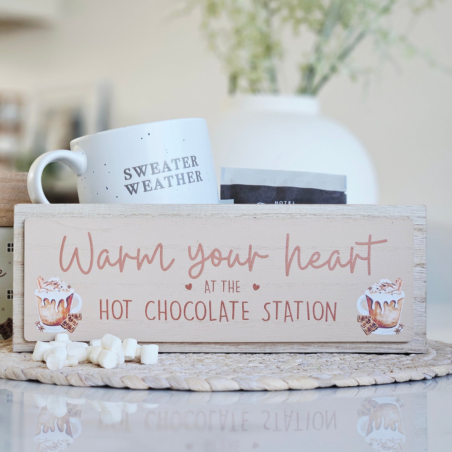 warm your heart at the hot chocolate station wooden crate box for holding hot chocolate treats