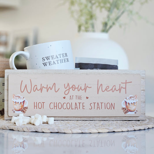warm your heart at the hot chocolate station wooden crate box for holding hot chocolate treats