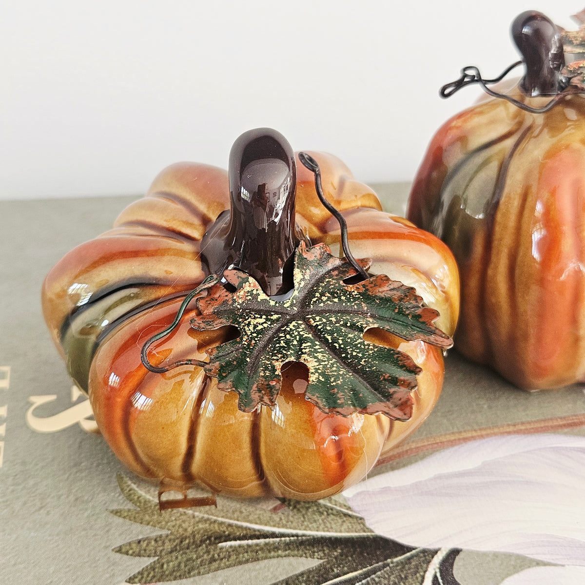 Small Ceramic Pumpkin with Metal Leaf - Autumn Decor