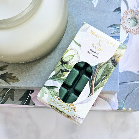 Candlelight's White Poppy & Sage Scented Wax Melts in a green colour