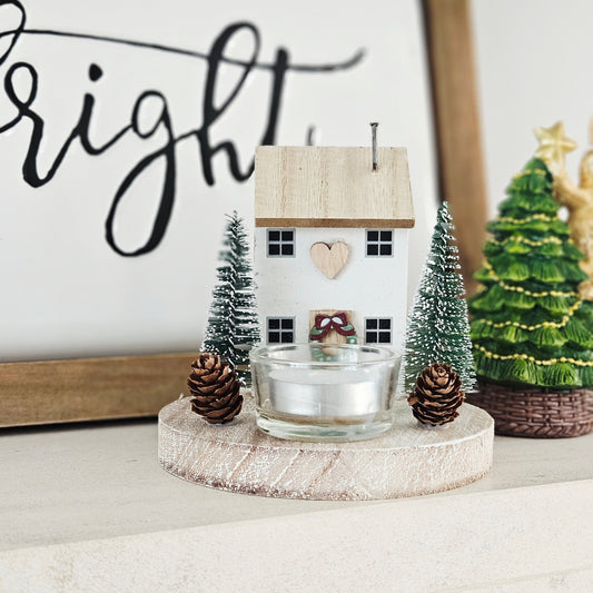 wooden tea light holder christmas wooden house with wreath and hear 2 christmas trees and glass t light holder
