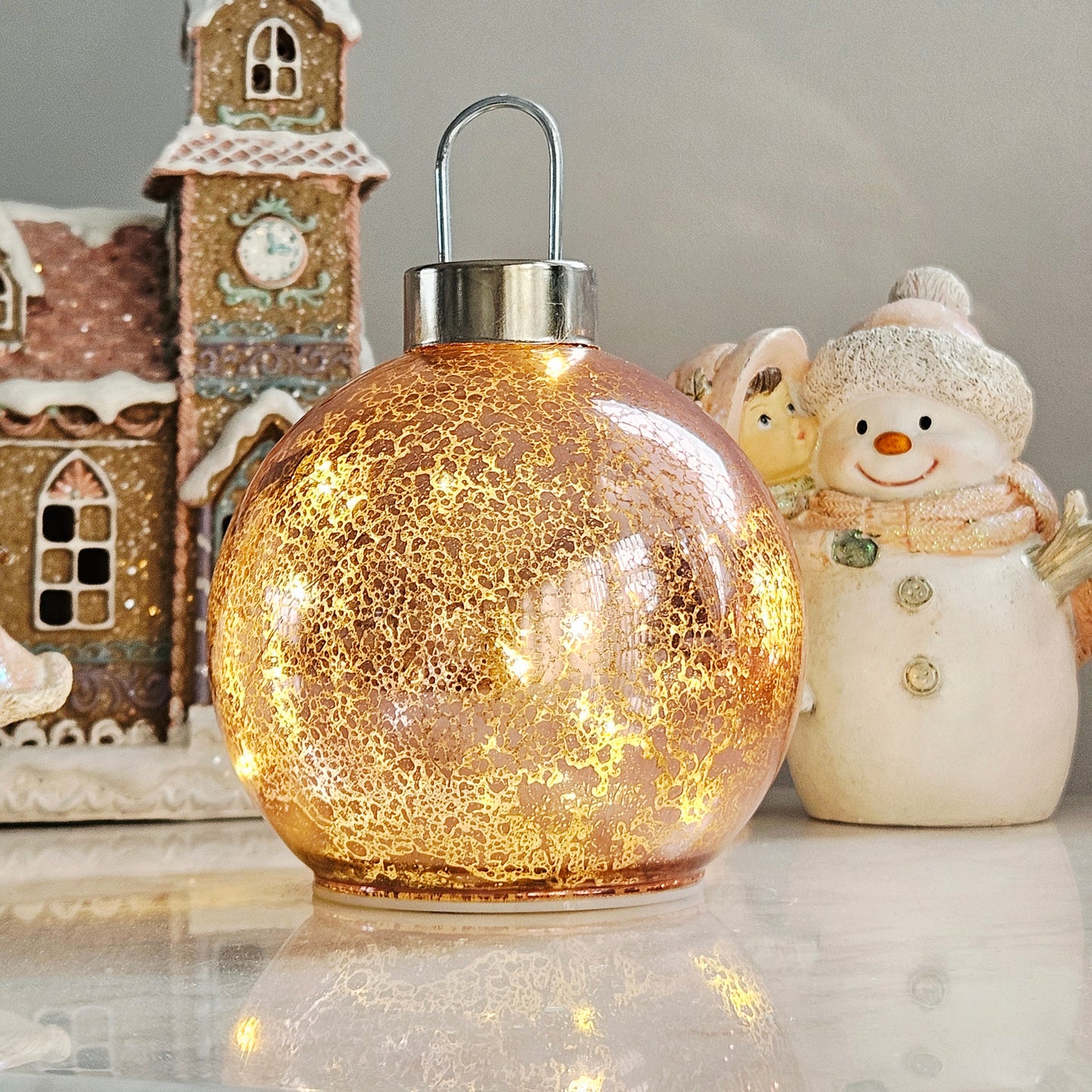Pink mercury glass led bauble ornament with silver top 13cm