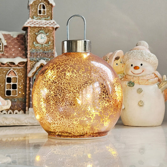Pink mercury glass led bauble ornament with silver top 13cm