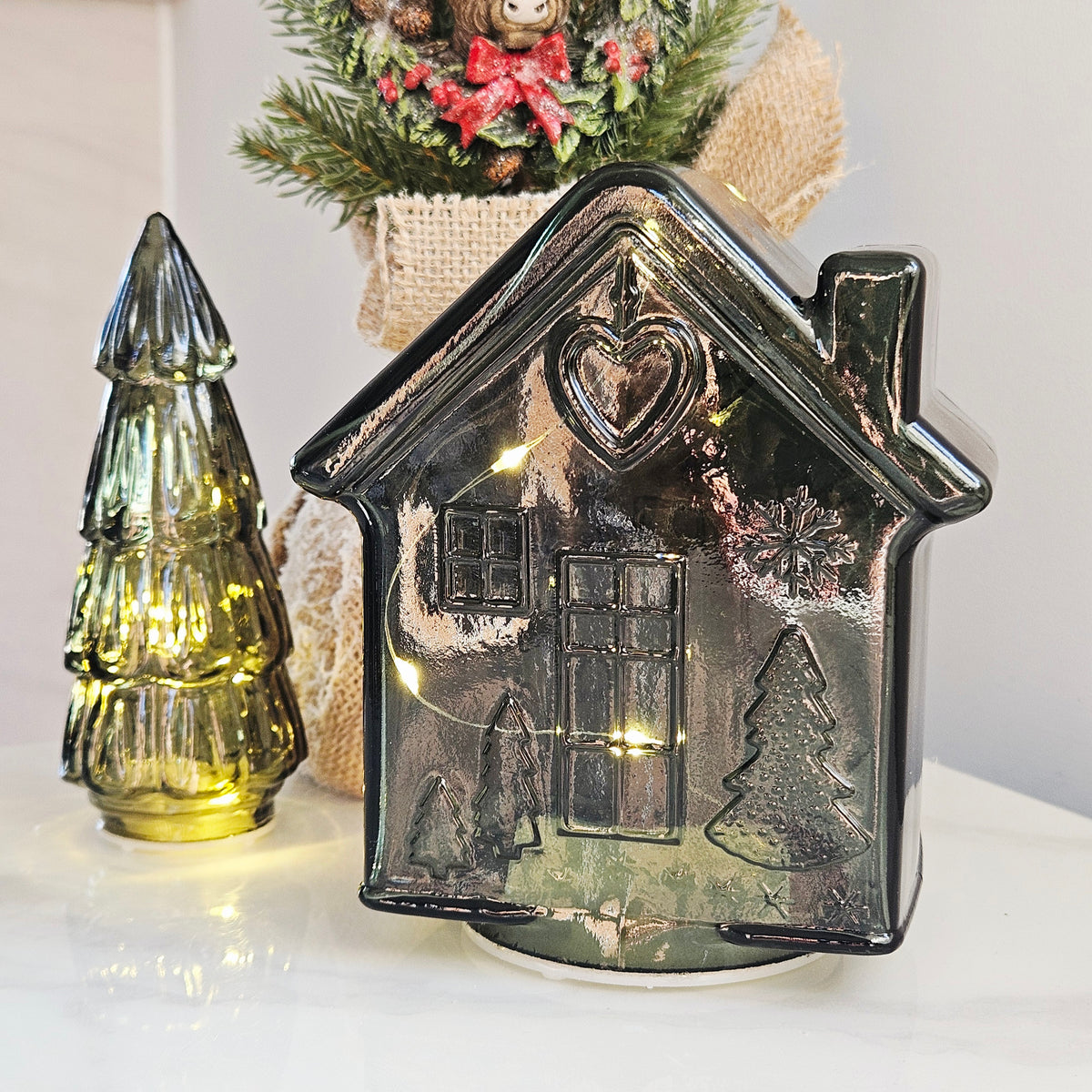Green Glass Gingerbread House LED Light Christmas