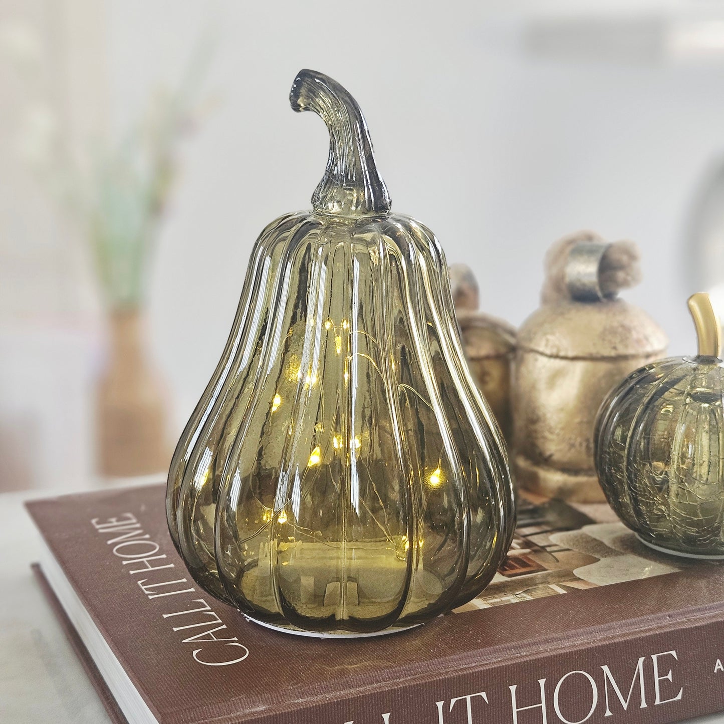 Tall Green LED Glass Pumpkin Decoration | Elegant Light Up Autumn Pumpkin Ornament