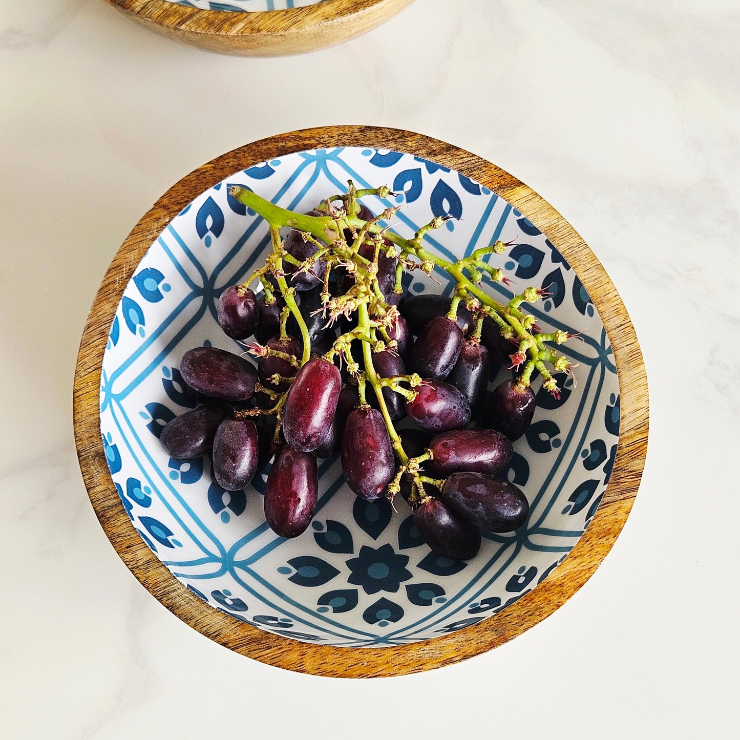 Mango Wood Blue Flowers Bowl 19.5cm