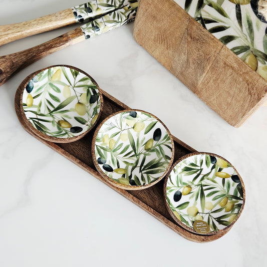 Set Of 3 Mango Wood Dipping Bowls with olive design and on a mango wood tray