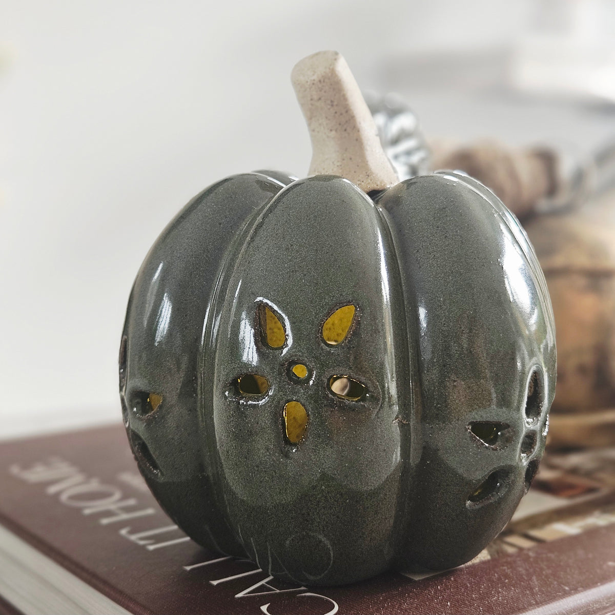 Light up green squash decoration for autumn and Halloween home decor