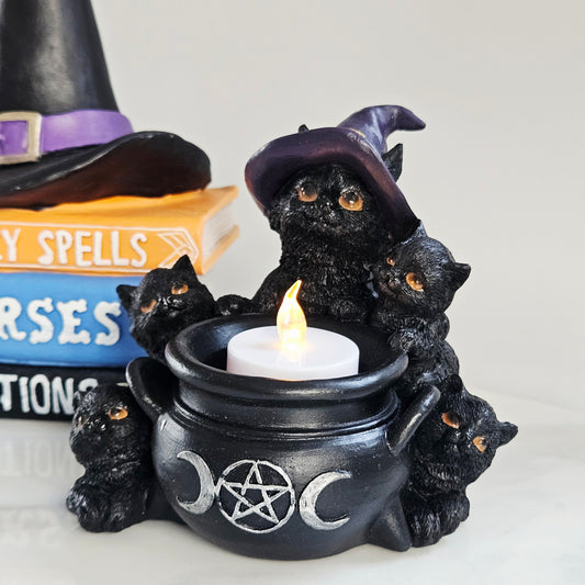 Black cat and cauldron tealight holder gothic Halloween decoration