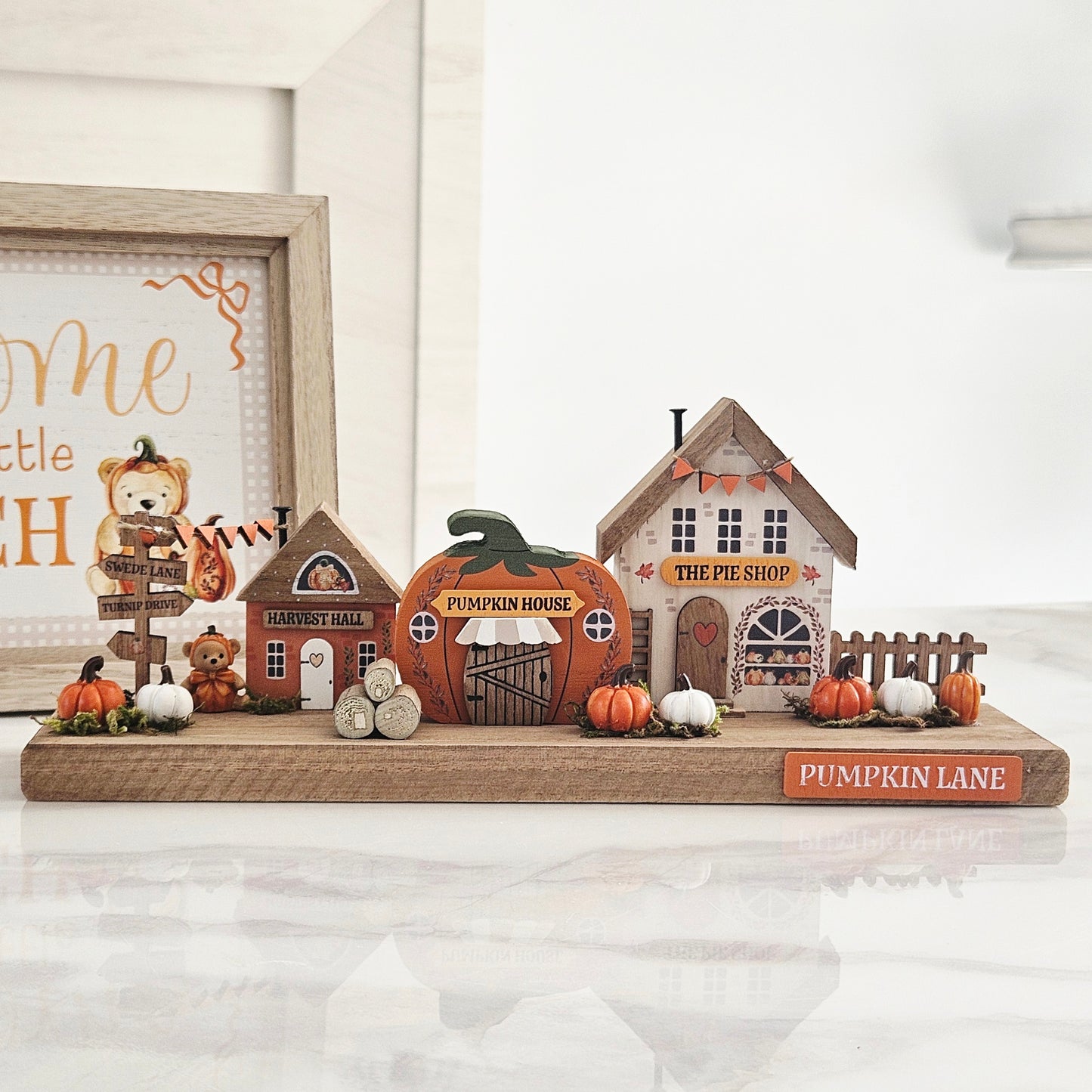 Wooden Pumpkin Lane Decorative Block with 3 Houses