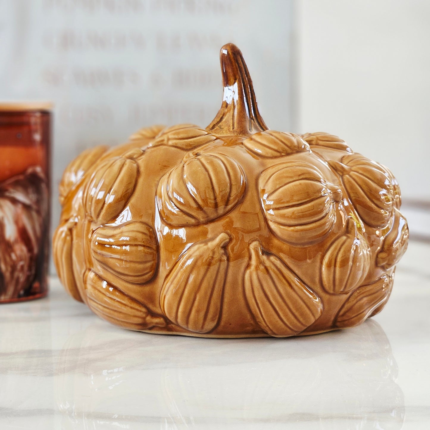 toffee orange large ceramic pumpkin ornament with 3d pumpkins all over it 19cm
