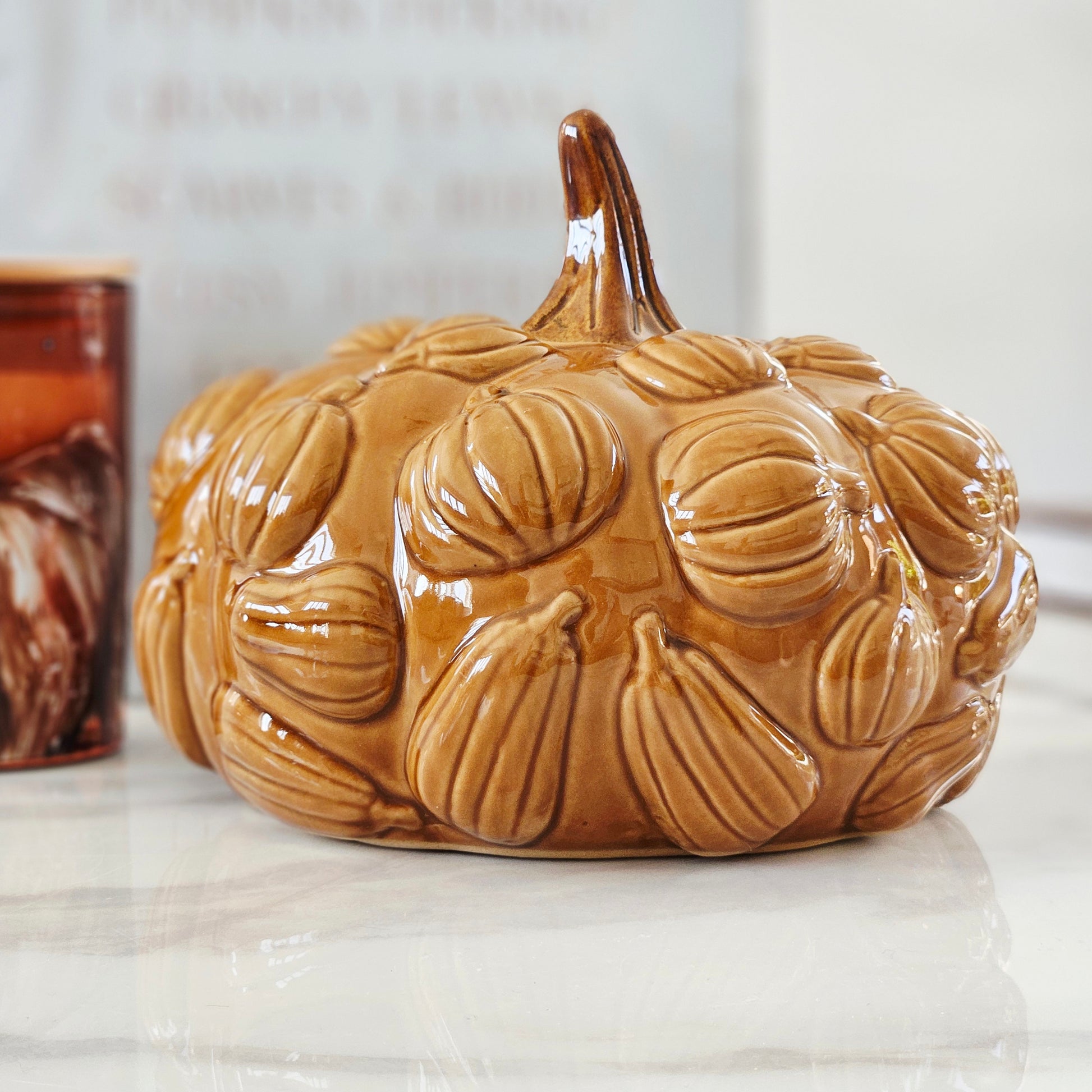 toffee orange large ceramic pumpkin ornament with 3d pumpkins all over it 19cm