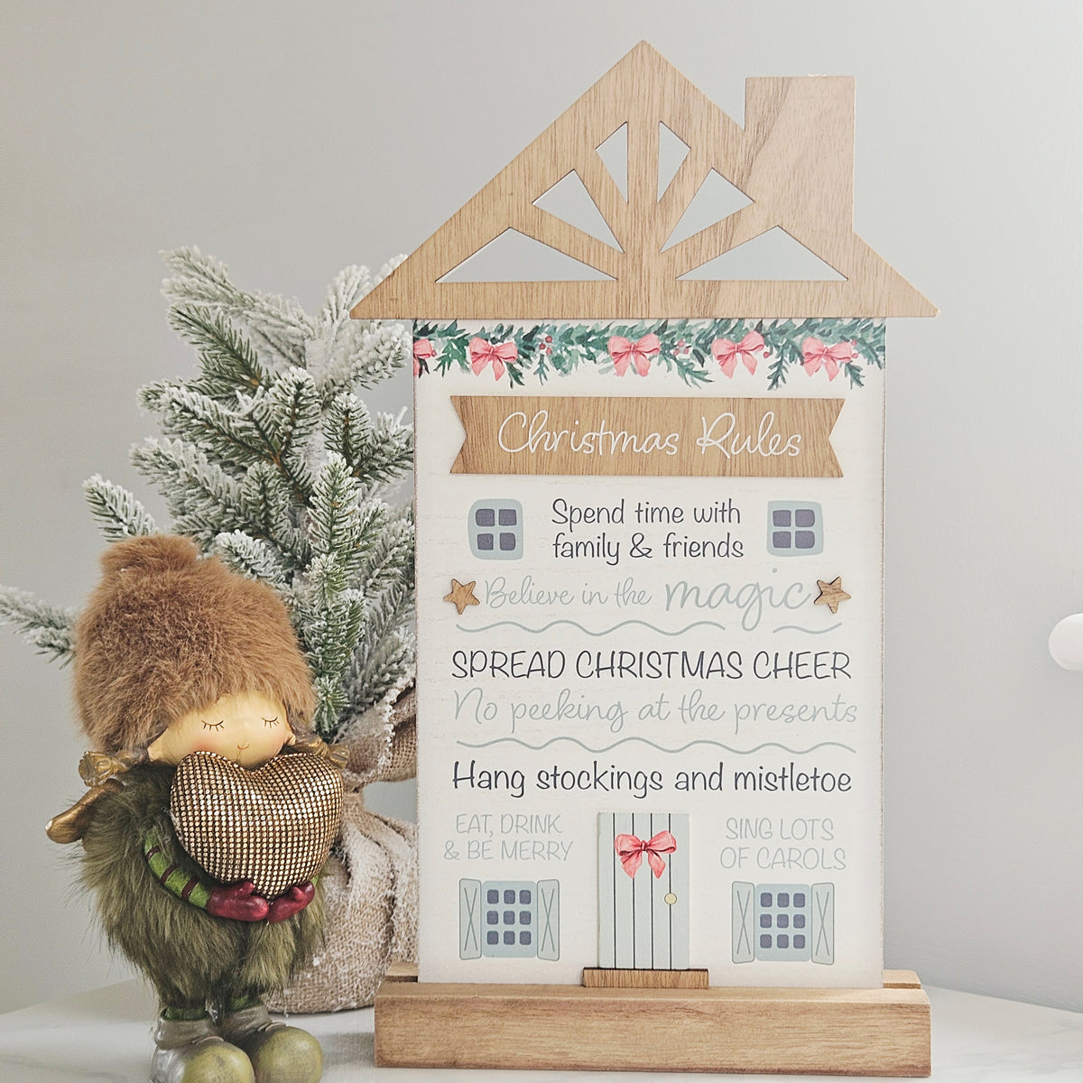 Christmas Rules Standing Wooden House Plaque – Holly Cottage