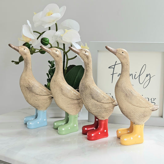 decorative wooden ducks with colourful boots 20cm