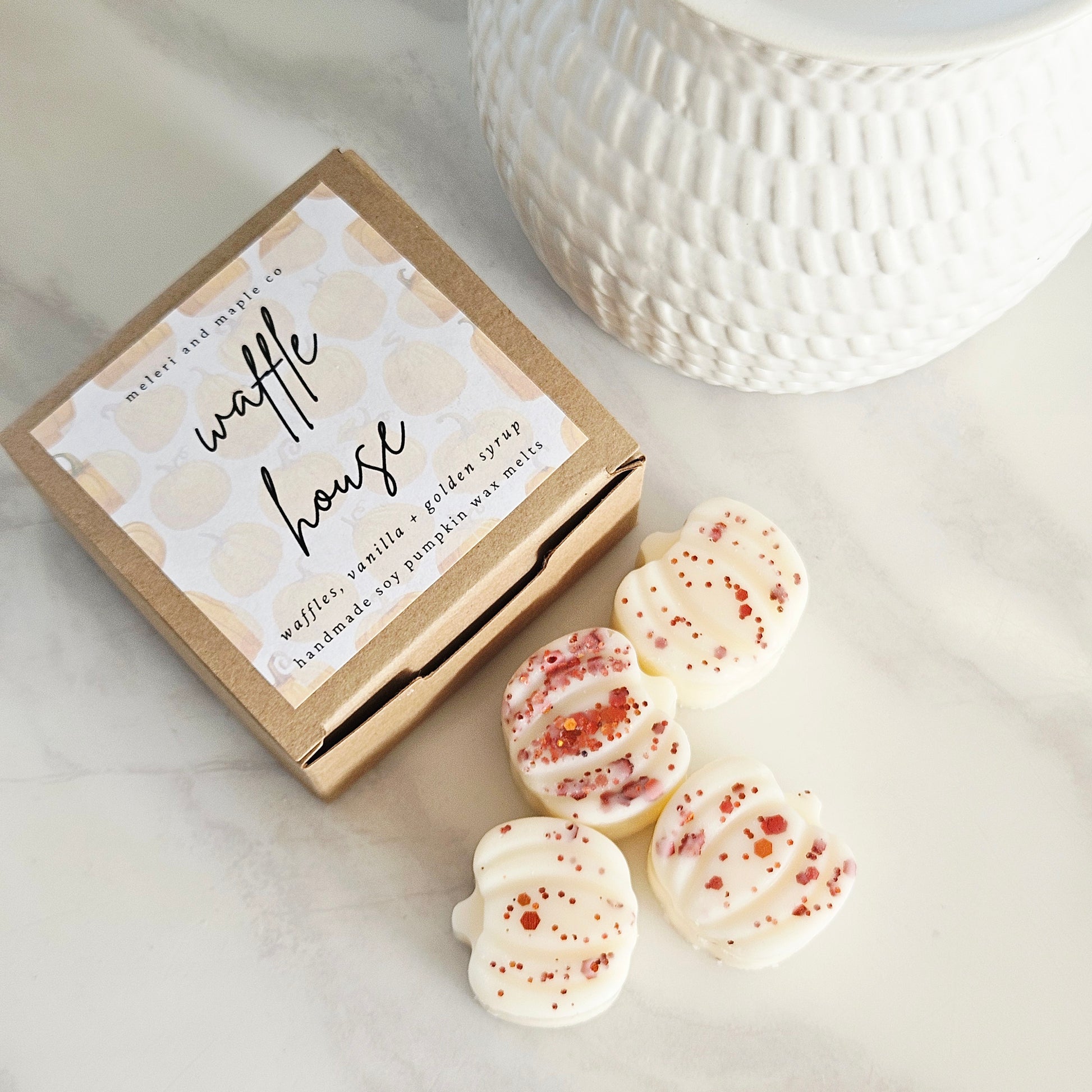 Waffle House Pumpkin Patch soy wax melts handmade with natural soy wax, cosy autumn home fragrance inspired by pumpkin patches and fresh waffles.
