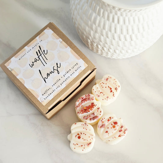Waffle House Pumpkin Patch soy wax melts handmade with natural soy wax, cosy autumn home fragrance inspired by pumpkin patches and fresh waffles.

