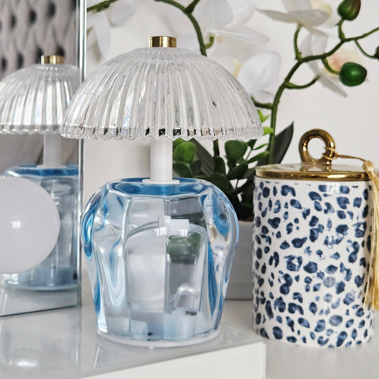 Vintage Ridged Glass LED Table Lamp Blue