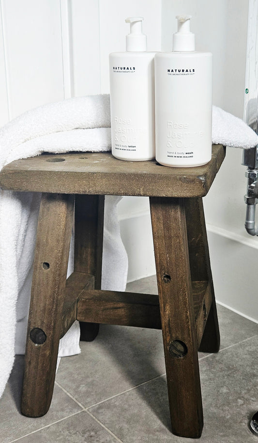 Wooden stool for rustic natural and neutral home decor