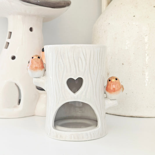 White ceramic wax warmer oil burner with 2 robin birds and heart design 