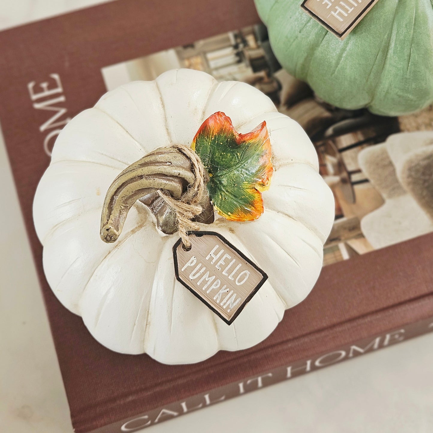 A decorative white faux pumpkin ornament with a realistic stem and colorful fall leaves, attached to a hanging tag that reads 'HELLO PUMPKIN,' styled on top 