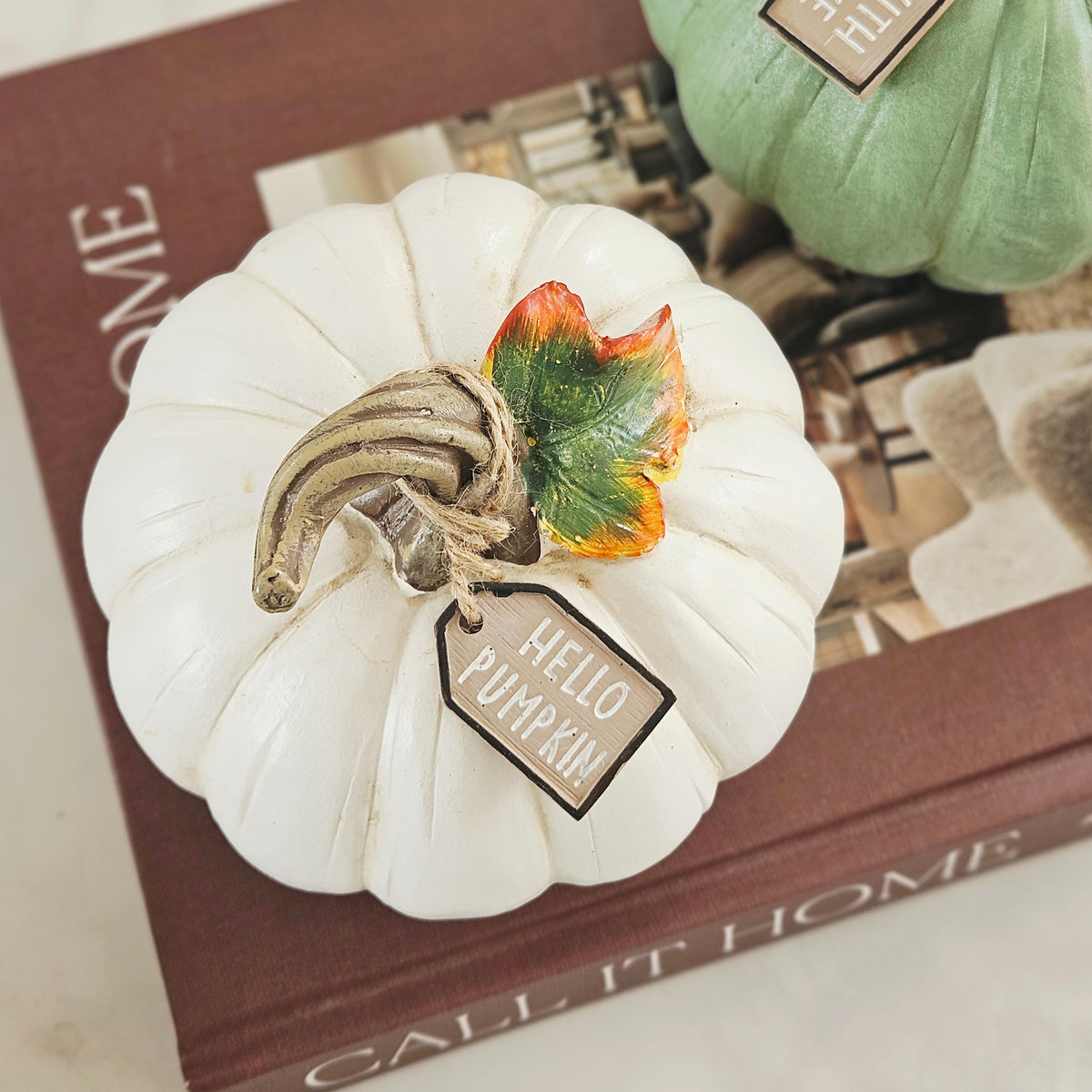 A decorative white faux pumpkin ornament with a realistic stem and colorful fall leaves, attached to a hanging tag that reads 'HELLO PUMPKIN,' styled on top 