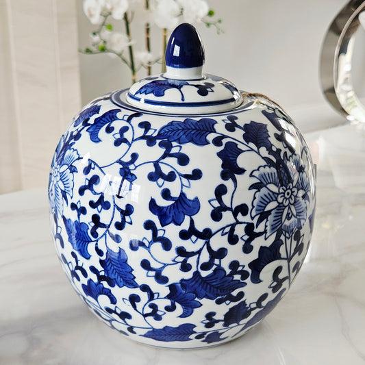 Sumatra blue and white ginger jar 9" round shape with small lid