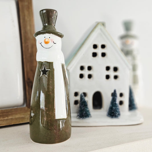 decorative snowman figurine 17.5cm wearing green and white scarf  and green hat ceramic