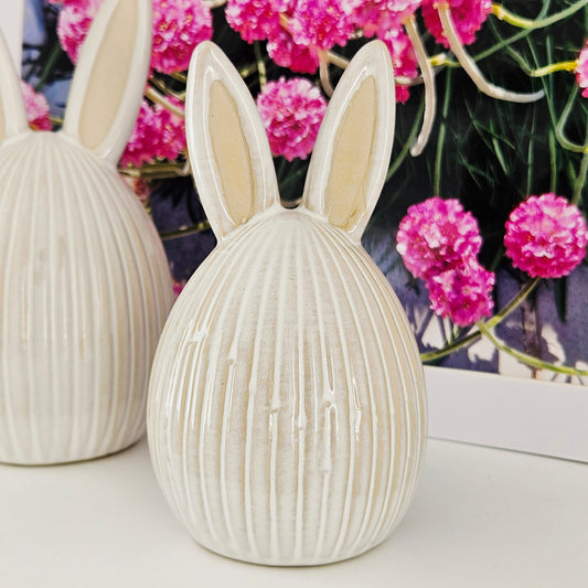 ceramic bunny with ears decoration with ribbed detailing 14cm