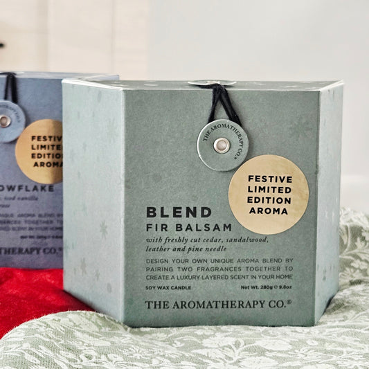 fir balsam blend Aromatherapy candle packaging with 'Festive Limited Edition Aroma' lab